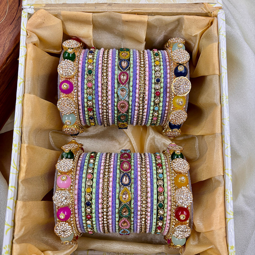 Wedding Chuda Gold Plated Kundan Stone And Austrian Stone Pearl Bangles Set