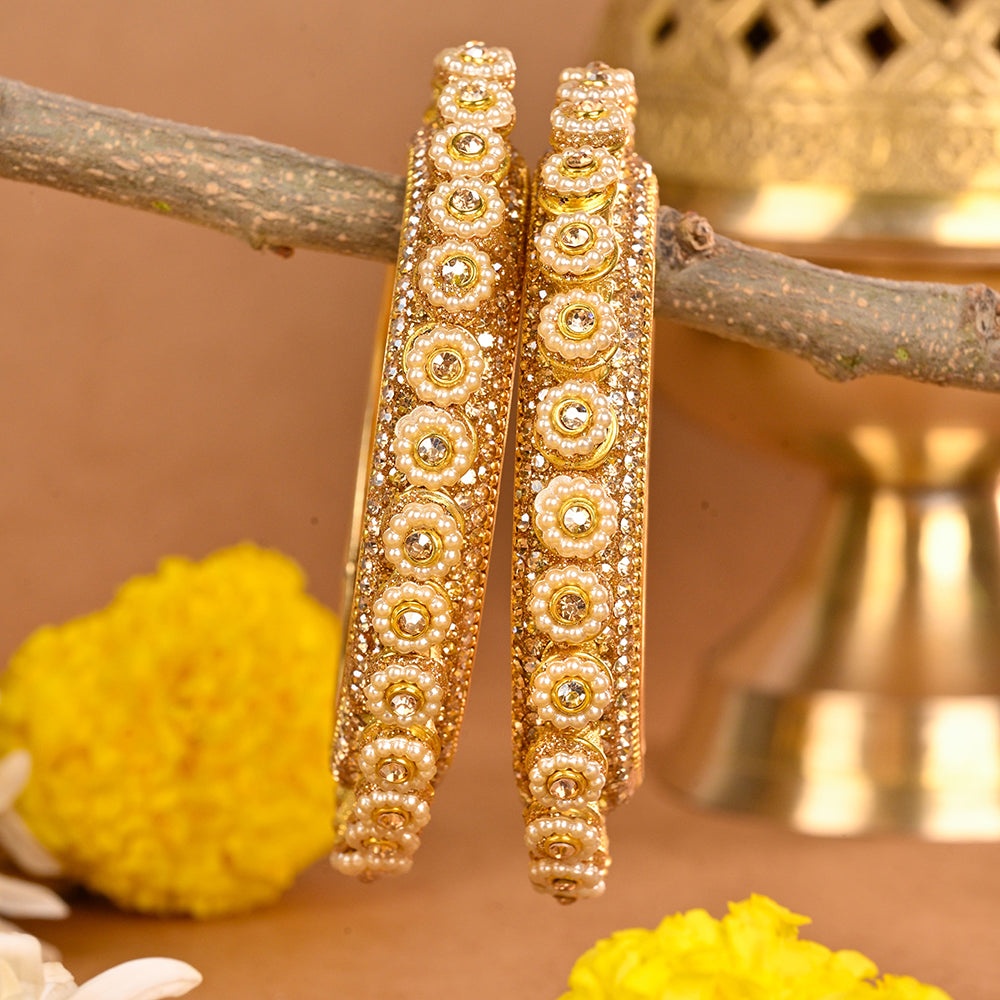 Wedding Chuda Gold Plated Austrian Stone And Pearl Bangles Set