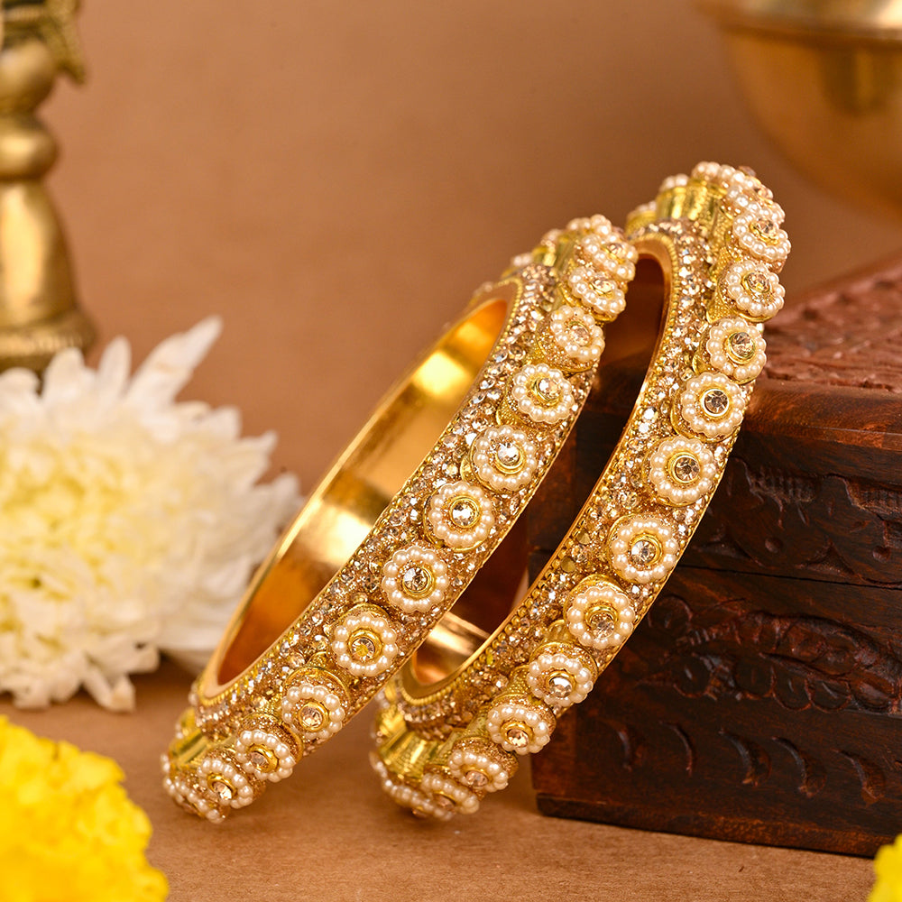 Wedding Chuda Gold Plated Austrian Stone And Pearl Bangles Set