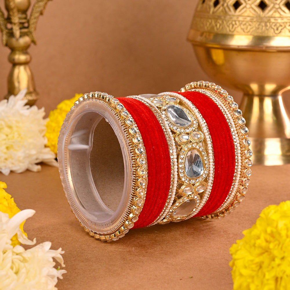 Wedding Chuda Gold Plated Kundan Stone And Pearl Velvet Bridal Bangles Set