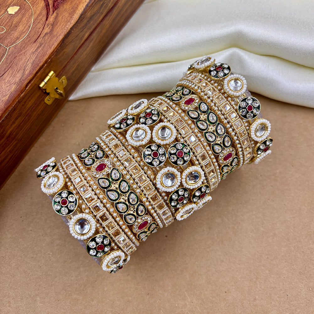 Wedding Chuda Gold Plated Crystal And Pearl Bridal Bangles Set