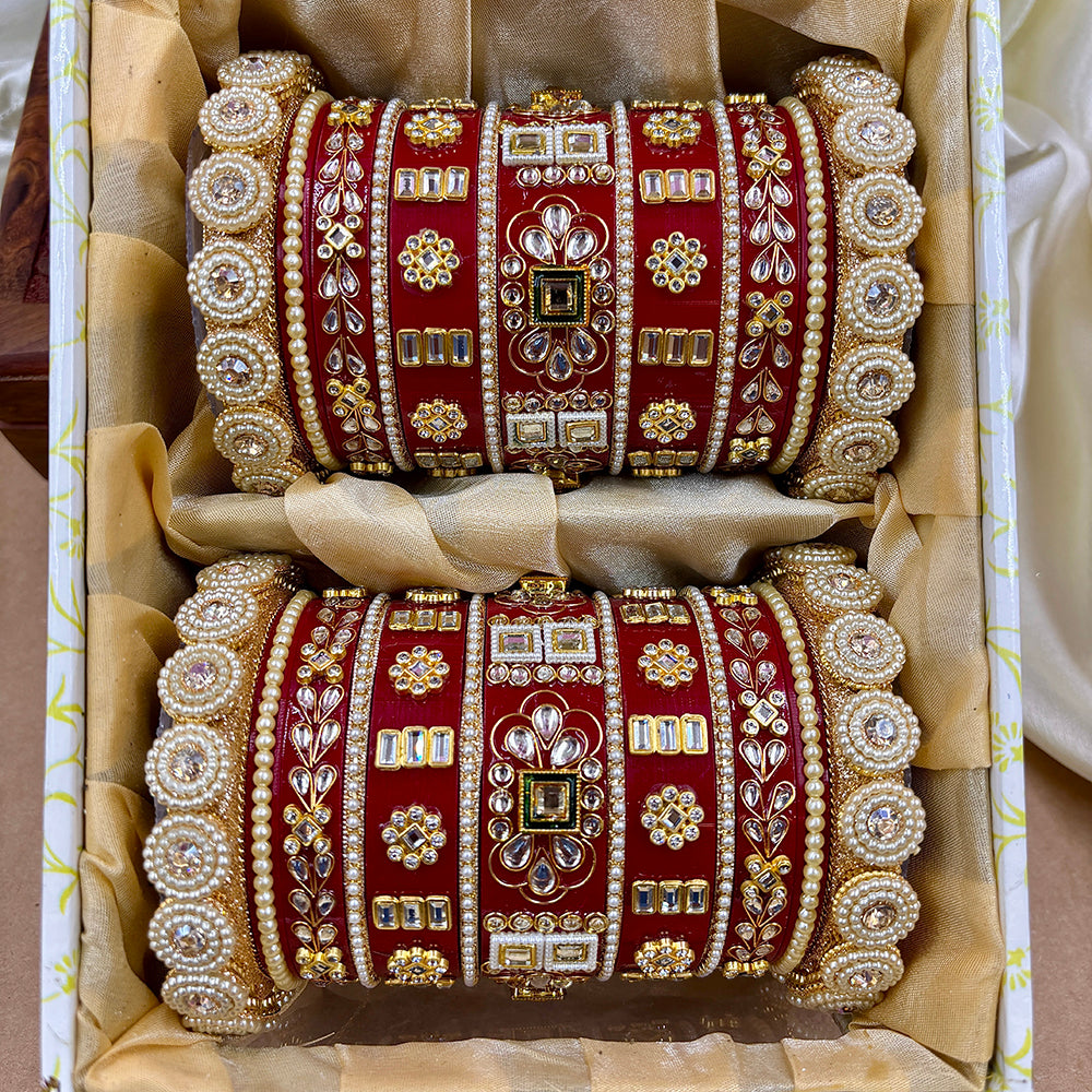 Wedding Chuda Gold Plated Kundan Stone And Pearl Acrylic Bangles Set