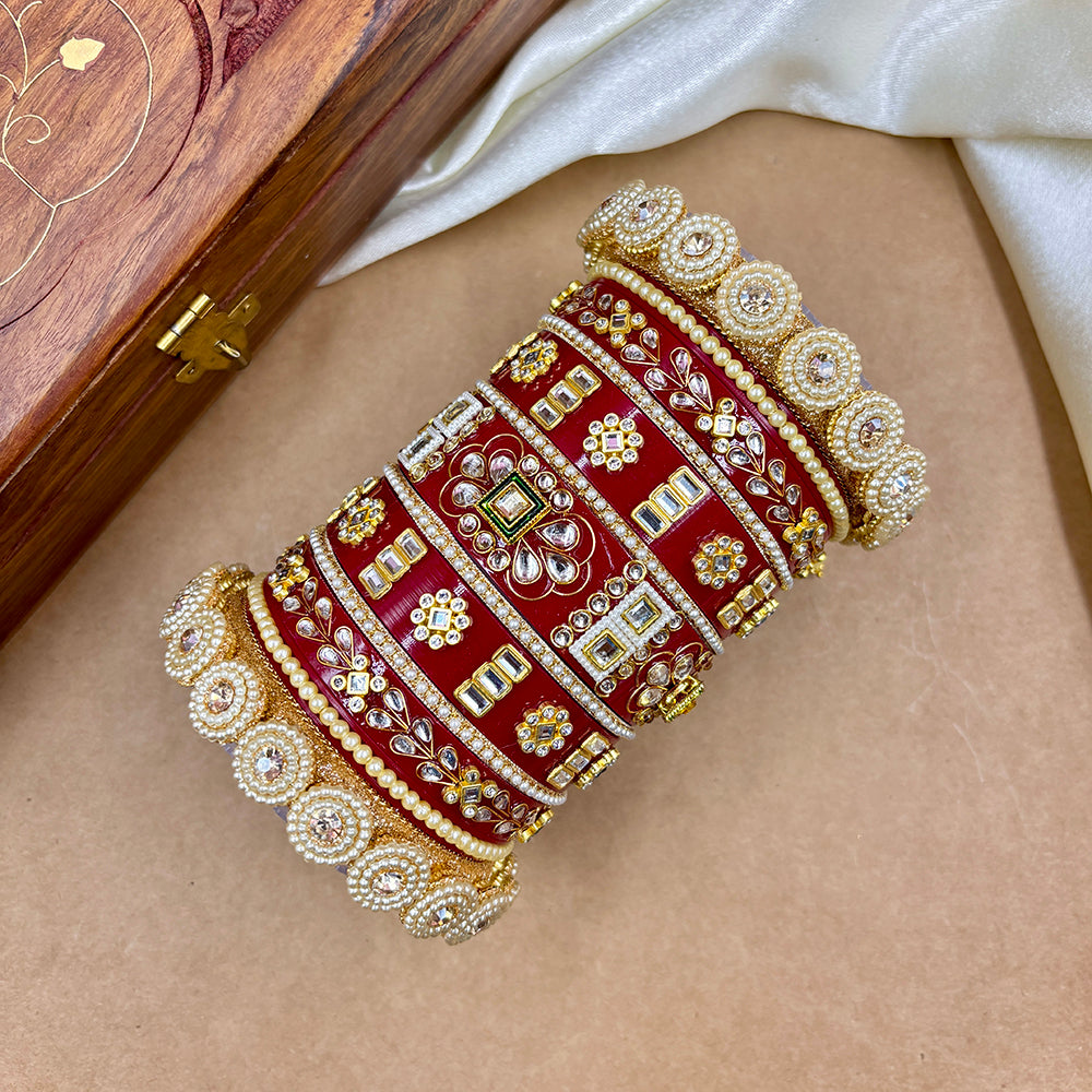 Wedding Chuda Gold Plated Kundan Stone And Pearl Acrylic Bangles Set