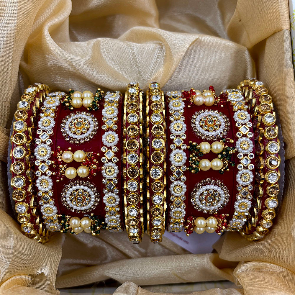 Wedding Chuda Gold Plated Kundan Pearl And Austrian Stone Acrylic Bangles Set