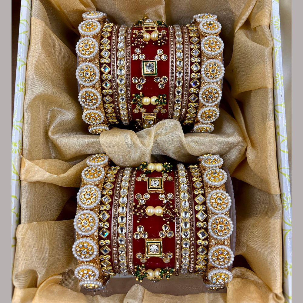Wedding Chuda Gold Plated Kundan Pearl And Austrian Stone Acrylic Bangles Set