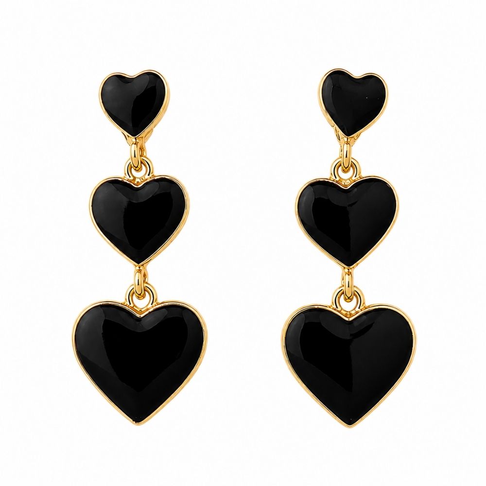 Etnico Fashion Gold Plated Anti Tarnish Triple Heart Design Drop Earrings with Black Enamel for Women & Girls Lightweight Fashion Jewellery (WE008B)