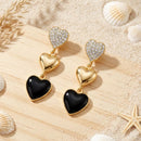 Etnico Fashion Gold Plated Anti Tarnish Triple Heart Design Drop Earrings with American Diamond and Black Stone for Women & Girls Lightweight Fashion Jewellery (WE008)