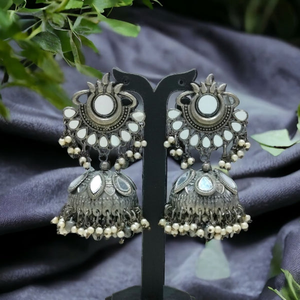 Blythediva Oxidised Plated Mirror Jhumki Earrings