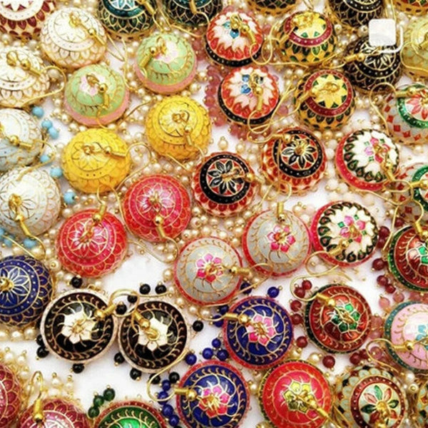 Bevy Pearls Gold Plated Meenakari Jhumki Earrings (Assorted Color)