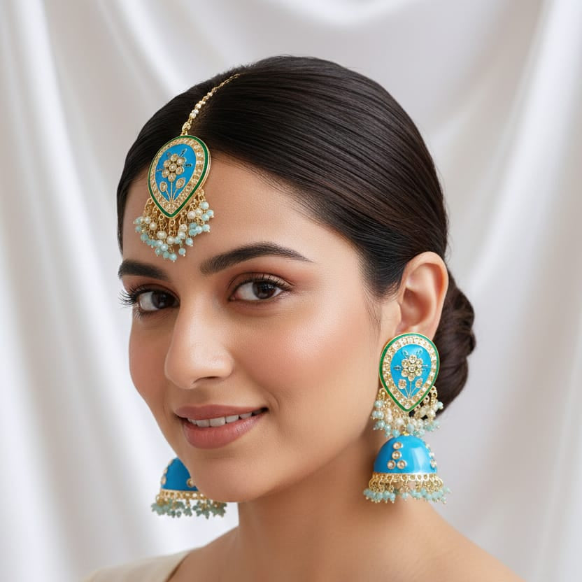 Sanshray Traditional Pearl Meenakari Jhumki Earrings With Maangtikka