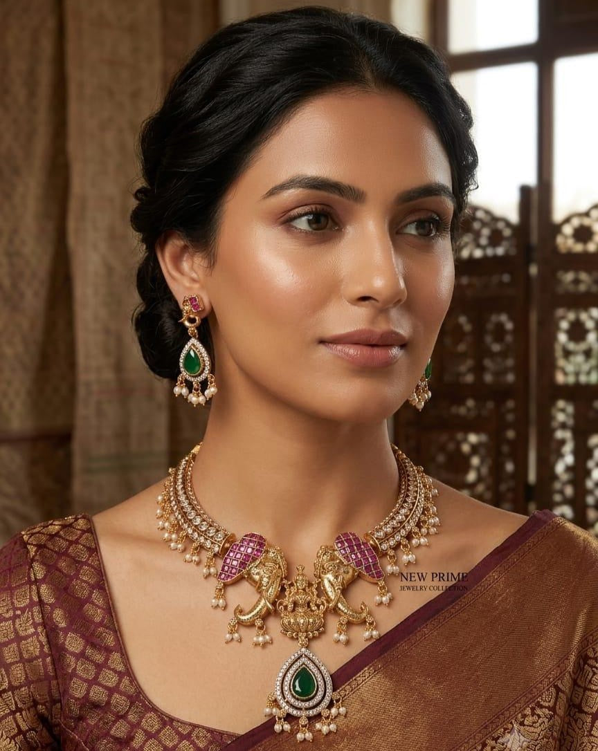 LAFZ  Royal Divine Laxmi Elephant Temple Choker Necklace Set with Earrings - TM606