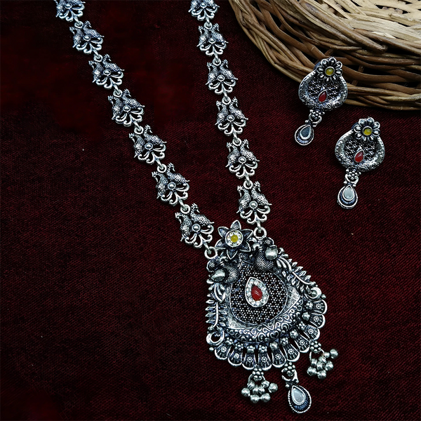 Gehana Mahal Oxidised Plated Pota Stone Long Necklace Set