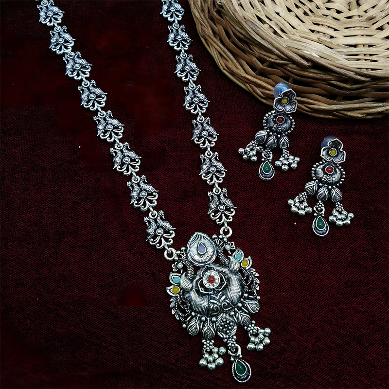 Gehana Mahal Oxidised Plated Pota Stone Long Necklace Set