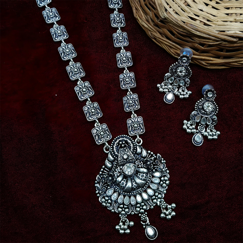 Gehana Mahal Oxidised Plated Pota Stone Long Necklace Set