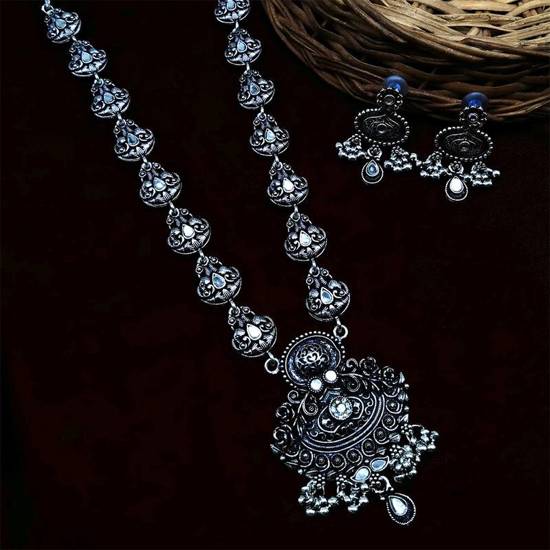 Gehana Mahal Oxidised Plated Pota Stone Long Necklace Set