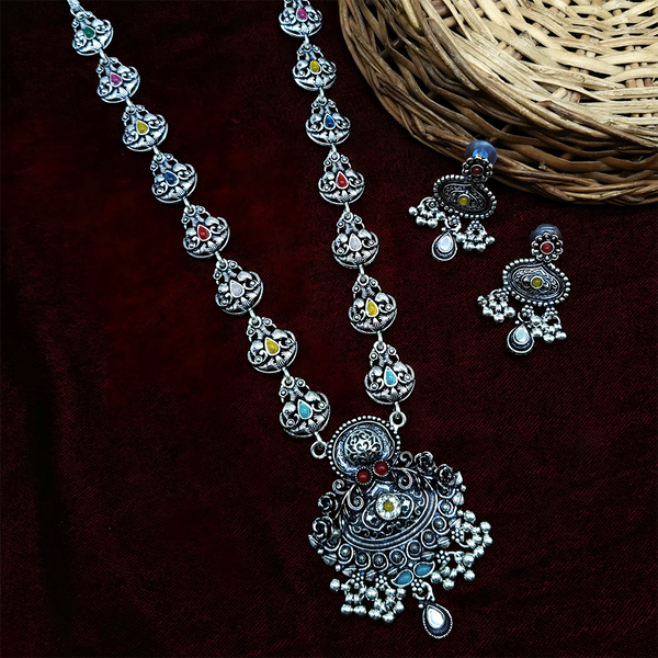 Gehana Mahal Oxidised Plated Pota Stone Long Necklace Set