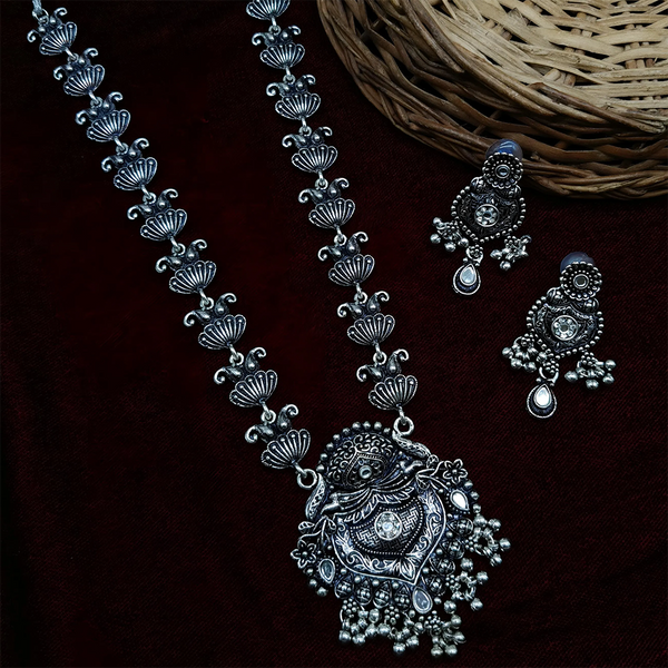 Gehana Mahal Oxidised Plated Pota Stone Long Necklace Set