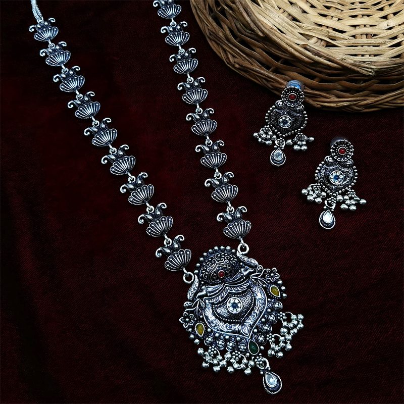 Gehana Mahal Oxidised Plated Pota Stone Long Necklace Set