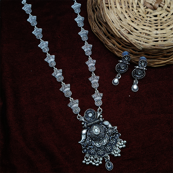 Gehana Mahal Oxidised Plated Pota Stone Long Necklace Set