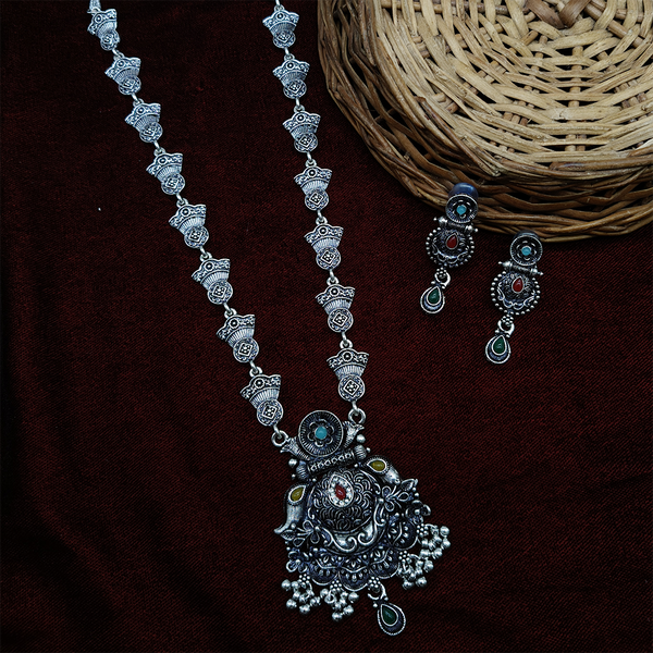 Gehana Mahal Oxidised Plated Pota Stone Long Necklace Set