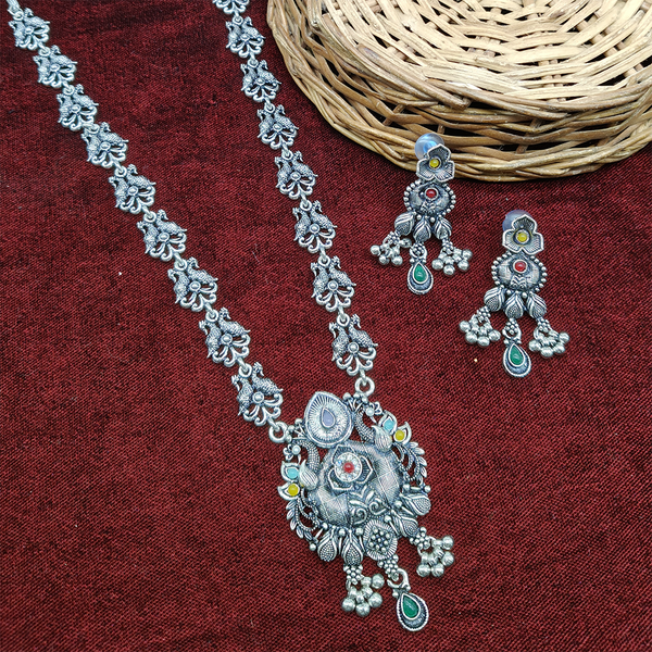 Gehana Mahal Oxidised Plated Pota Stone Long Necklace Set