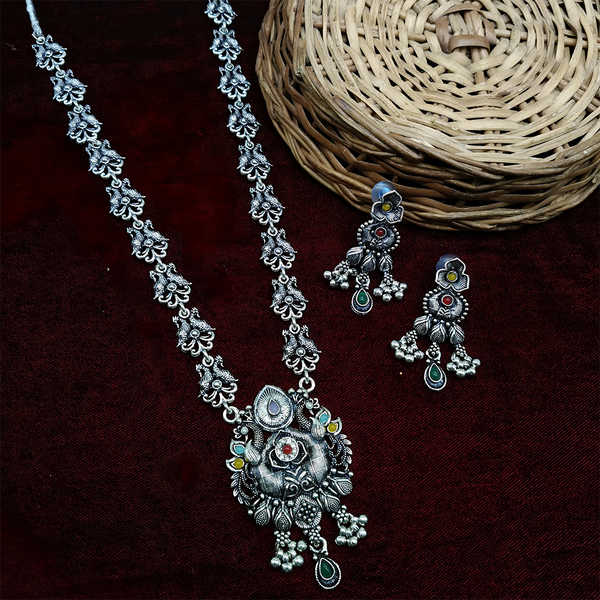 Gehana Mahal Oxidised Plated Pota Stone Long Necklace Set