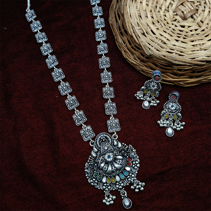 Gehana Mahal Oxidised Plated Pota Stone Long Necklace Set