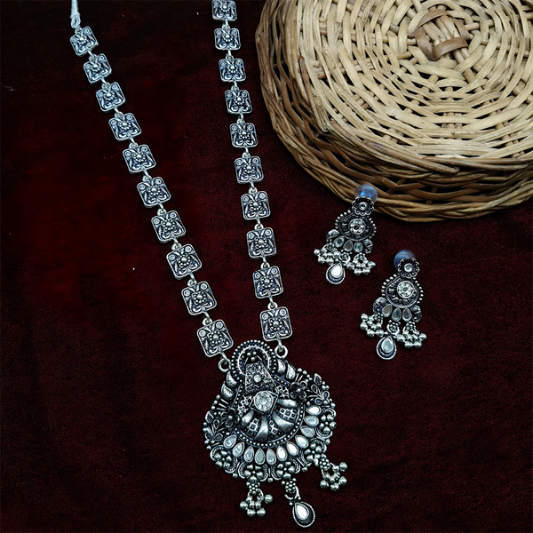 Gehana Mahal Oxidised Plated Pota Stone Long Necklace Set