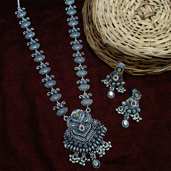 Gehana Mahal Oxidised Plated Pota Stone Long Necklace Set