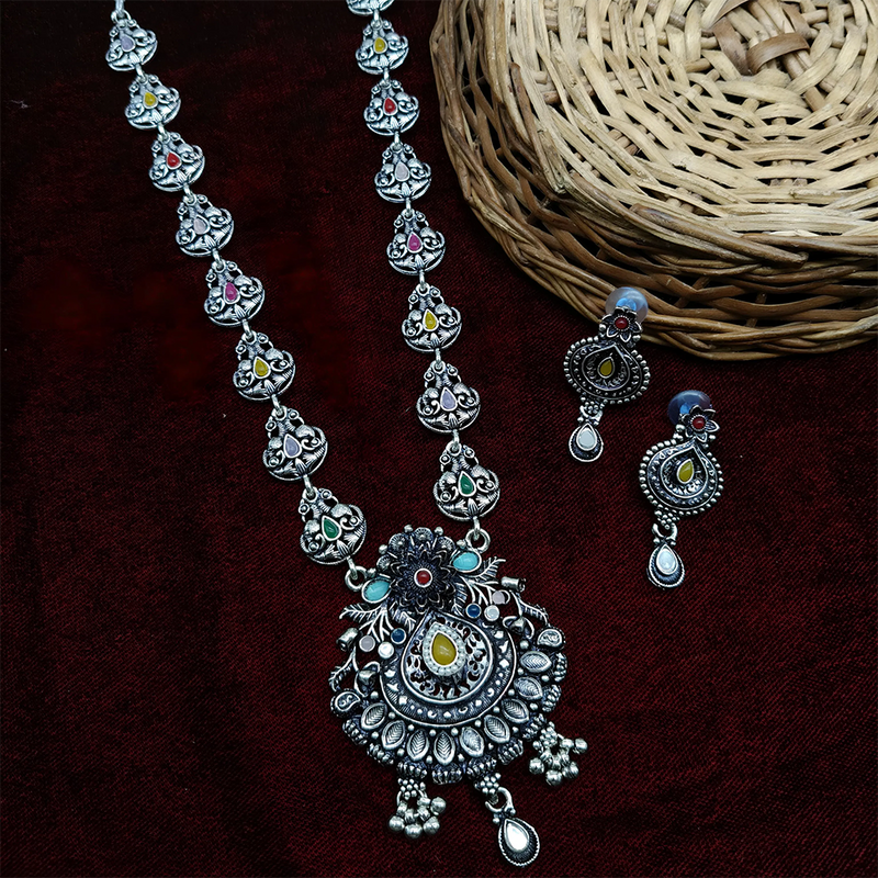 Gehana Mahal Oxidised Plated Pota Stone Long Necklace Set