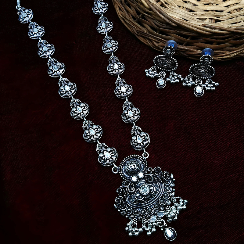 Gehana Mahal Oxidised Plated Pota Stone Long Necklace Set