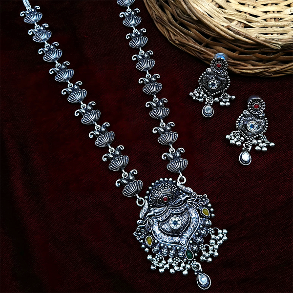 Gehana Mahal Oxidised Plated Pota Stone Long Necklace Set