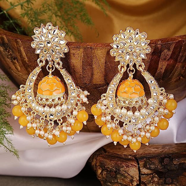 Subhag Alankar Yellow Attractive Brass pearl bead stone jhumki earrings for women and girls