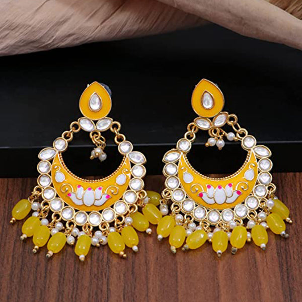 Subhag Alankar Yellow Plated Yellow Meenakari kundan Alloy Chandbali Earrings