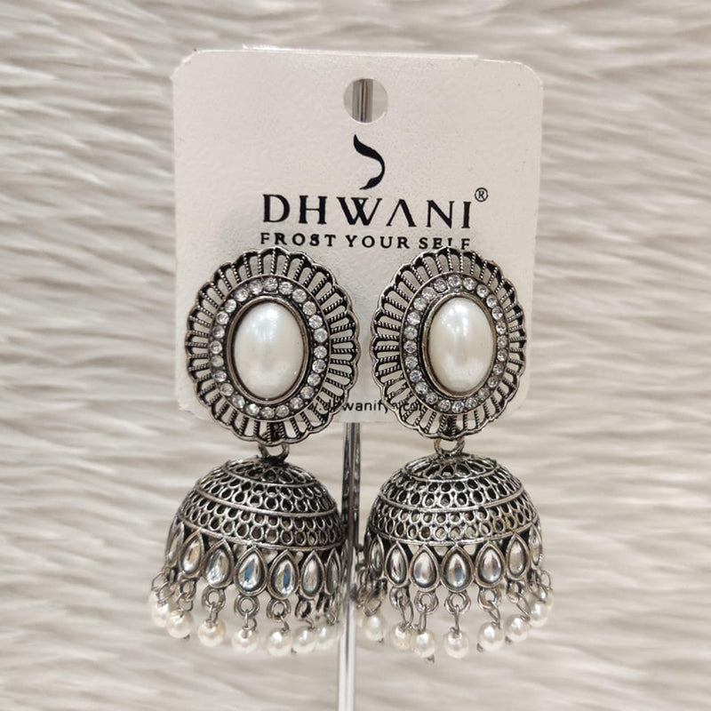 Dhwani Oxidised Plated Kundan Stone And Pearls Jhumki