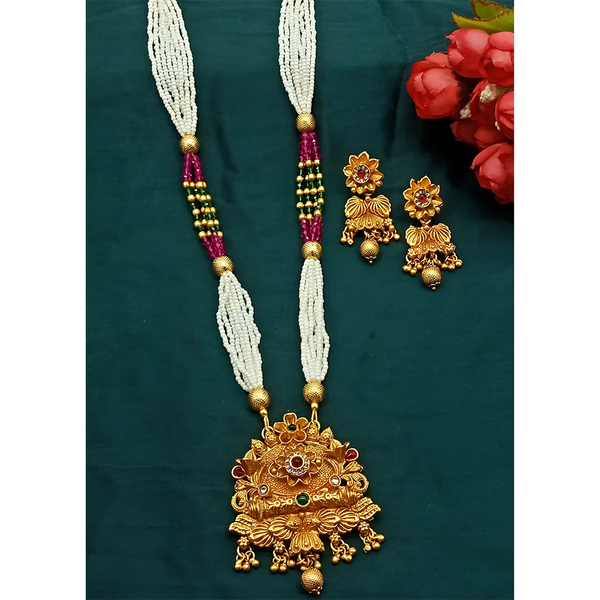 Gehana Mahal Gold Plated Pota Stone And Pearl Necklace Set