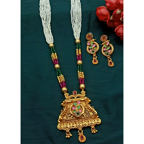 Gehana Mahal Gold Plated Pota Stone And Pearl Necklace Set