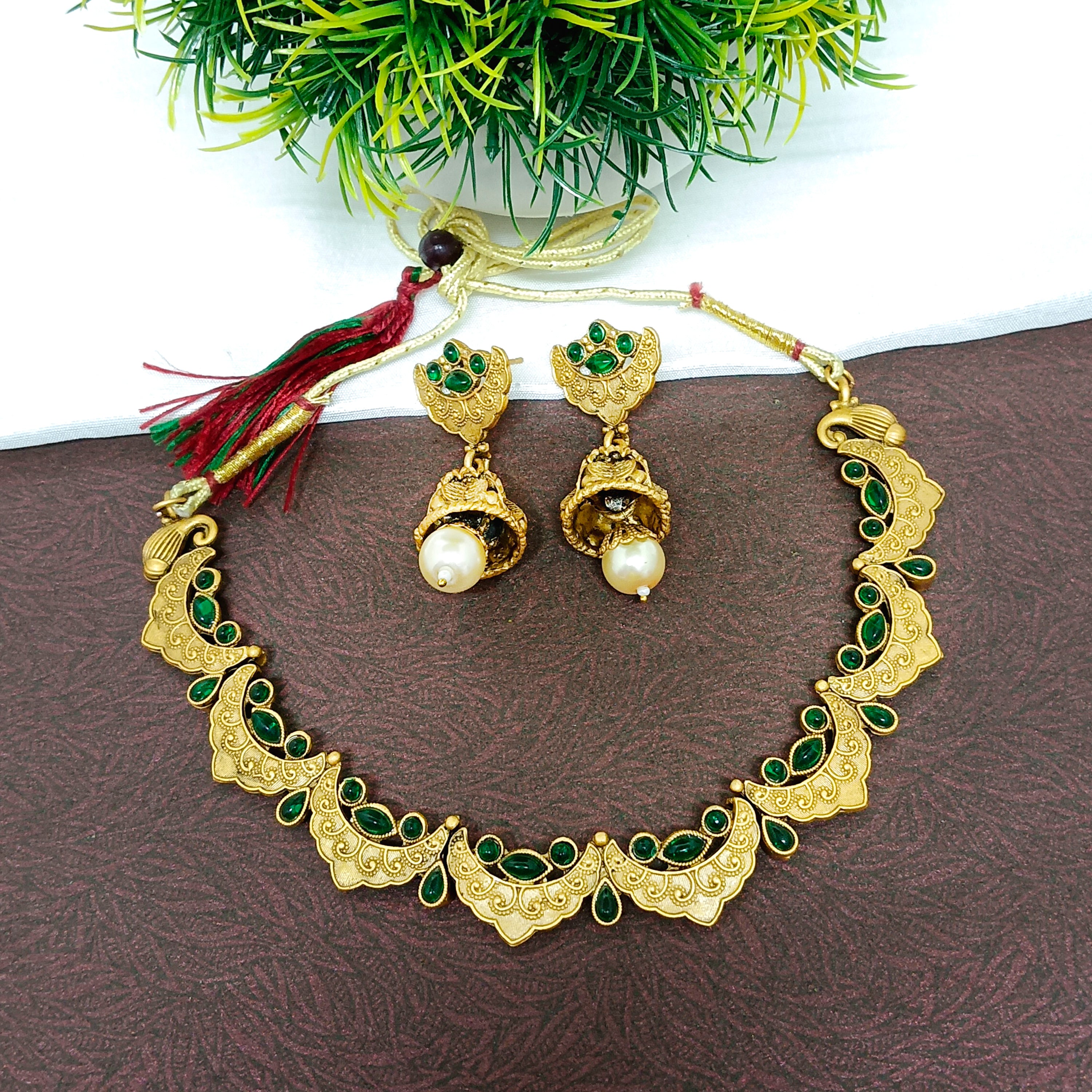 Bhavi Jewels Pota Stone Gold Plated  Necklace Set