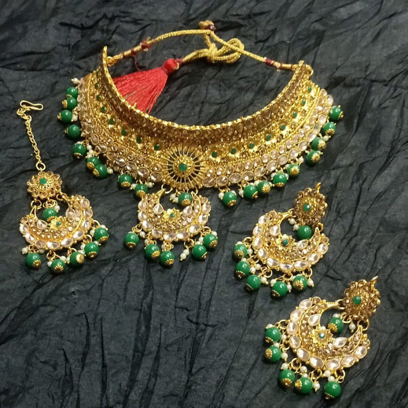 Kumavat Jewels Gold Plated Kundan And Beads Traditional Choker Necklace Set with Maang Tikka