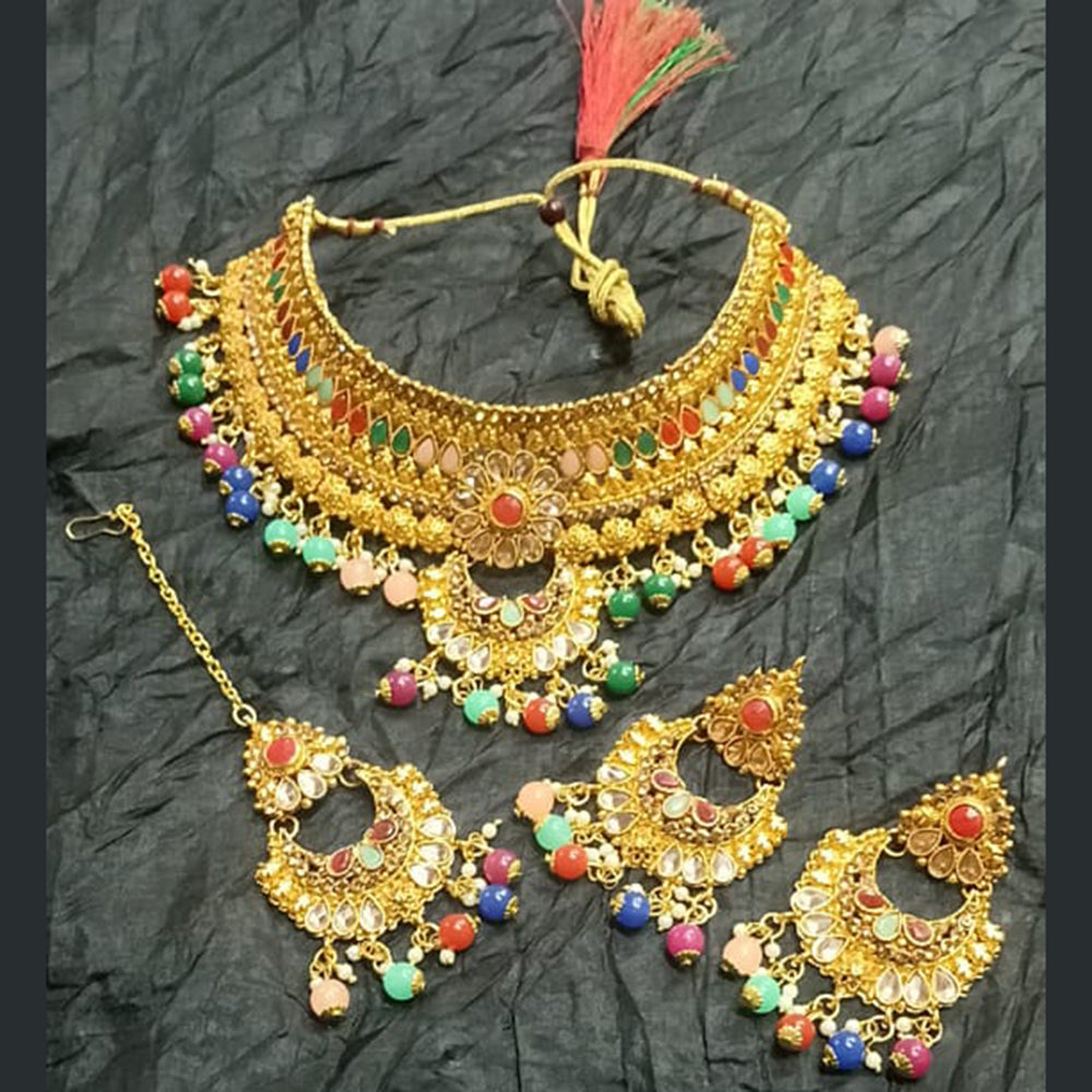 Kumavat Jewels Gold Plated Kundan And Beads Traditional Choker Necklace Set with Maang Tikka