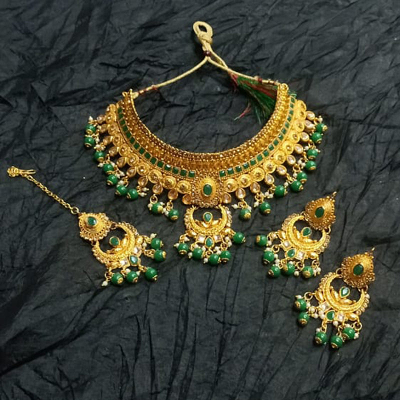 Kumavat Jewels Gold Plated Kundan And Beads Traditional Choker Necklace Set with Maang Tikka