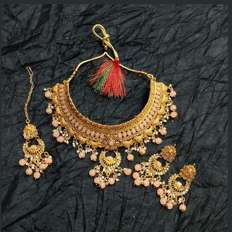 Kumavat Jewels Gold Plated Kundan And Beads Traditional Choker Necklace Set with Maang Tikka