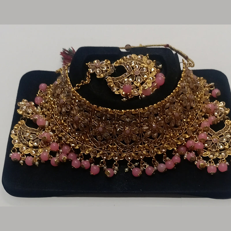 Kumavat Jewels Gold Plated Kundan Stone And Beads Traditional Choker Necklace Set with Maang Tikka