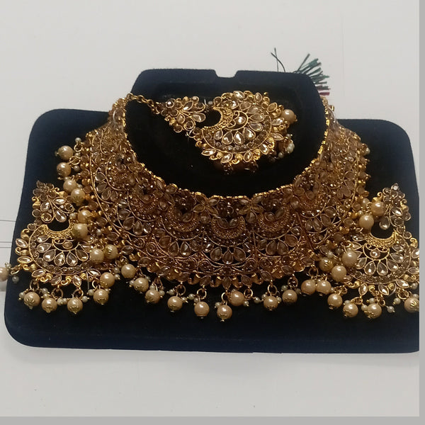 Kumavat Jewels Gold Plated Kundan Stone And Beads Traditional Choker Necklace Set with Maang Tikka