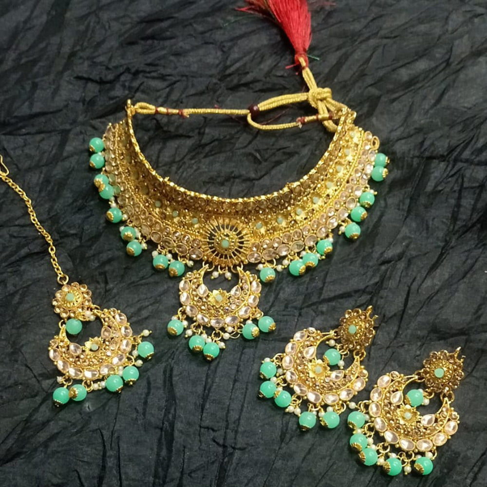 Kumavat Jewels Gold Plated Kundan Stone And Beads Traditional Choker Necklace Set with Maang Tikka