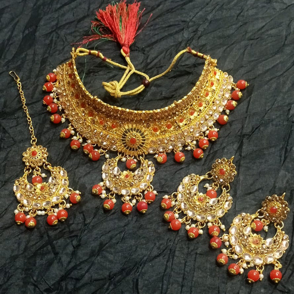 Kumavat Jewels Gold Plated Kundan Stone And Beads Traditional Choker Necklace Set with Maang Tikka