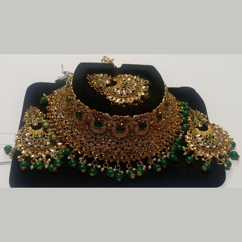 Kumavat Jewels Gold Plated Kundan Stone And Beads Traditional Choker Necklace Set with Maang Tikka