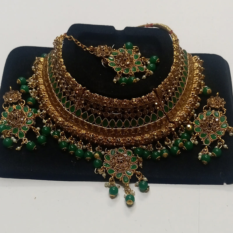 Kumavat Jewels Gold Plated Kundan Stone And Beads Traditional Choker Necklace Set with Maang Tikka