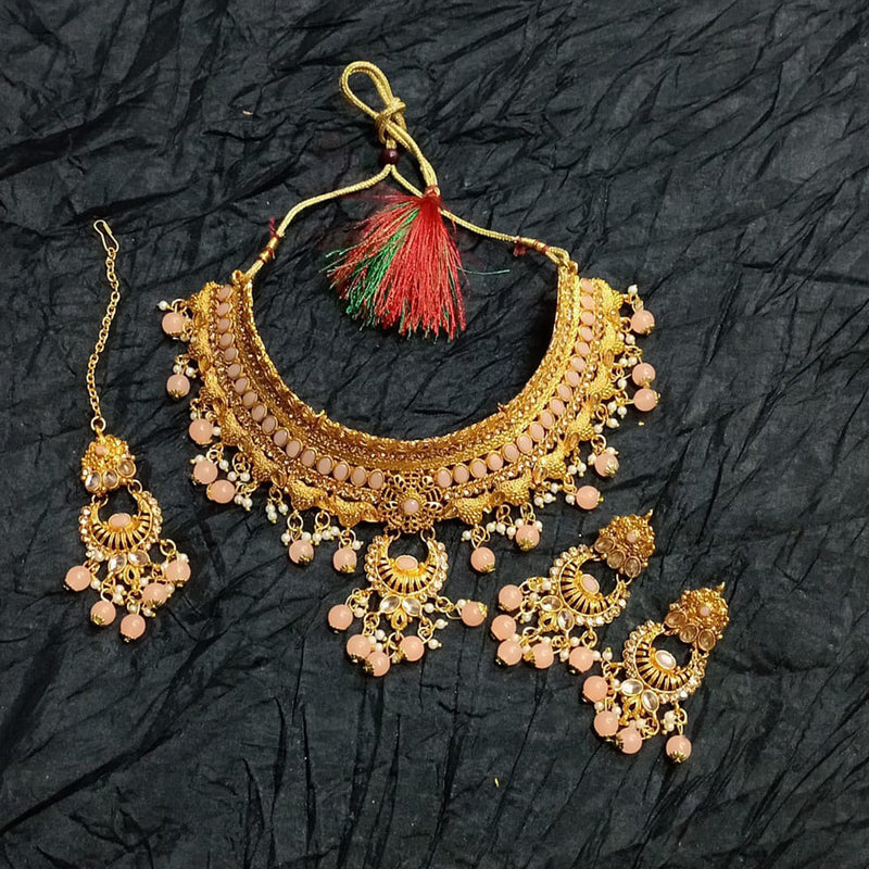 Kumavat Jewels Gold Plated Kundan Stone And Beads Traditional Choker Necklace Set with Maang Tikka