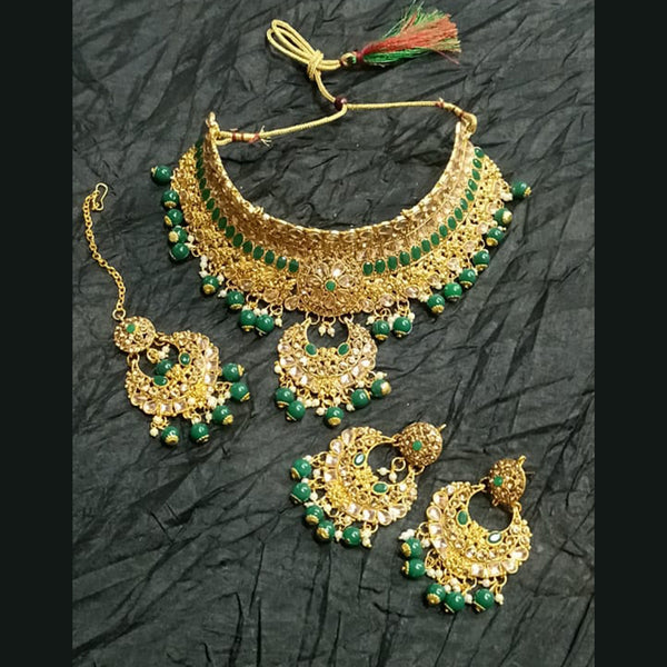 Kumavat Jewels Gold Plated Kundan Stone And Beads Traditional Choker Necklace Set with Maang Tikka